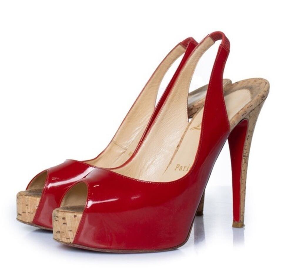 Christian Louboutin Lady Peep 120 Red Patent Cork Slingback Pumps 37 US 7
